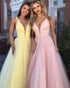 Sparkly V-Neck Prom Dresses with Crystal Organza Ruffles Long Party Gowns New Arrival 2018